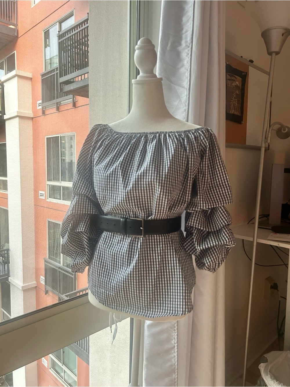 Women's Black & White Gingham Off-Shoulder Ruffle Sleeve Top